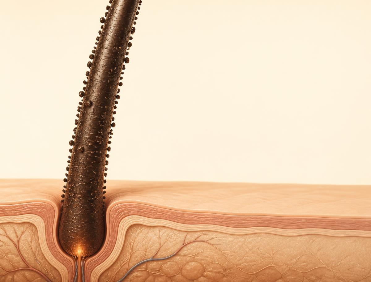 Schema ravvicinato delle fibre Rootia agganciate al fusto del capello