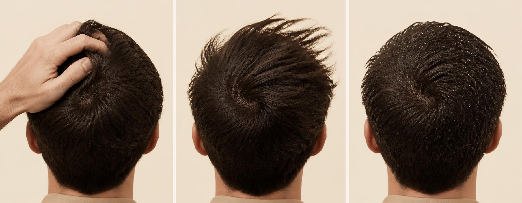 Tre prove sulla stessa testa: mano tra i capelli, vento e pioggia leggera